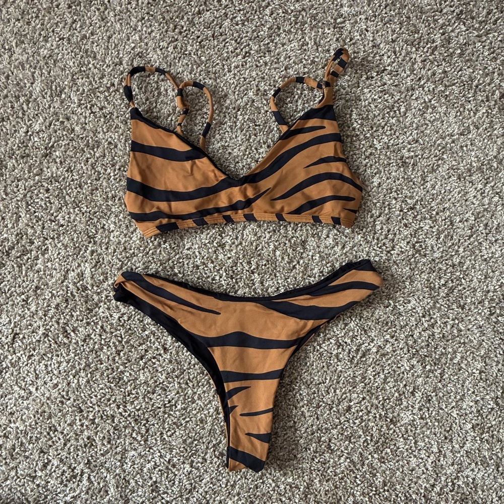 Indi Maya Black and Tan Striped Bikini
